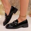 Fashion Vintage Round-toe Deep-mouth Metal-buckle Patent Leather Soft-sole, Non-slip and Wear-resistant Square Heel Singles