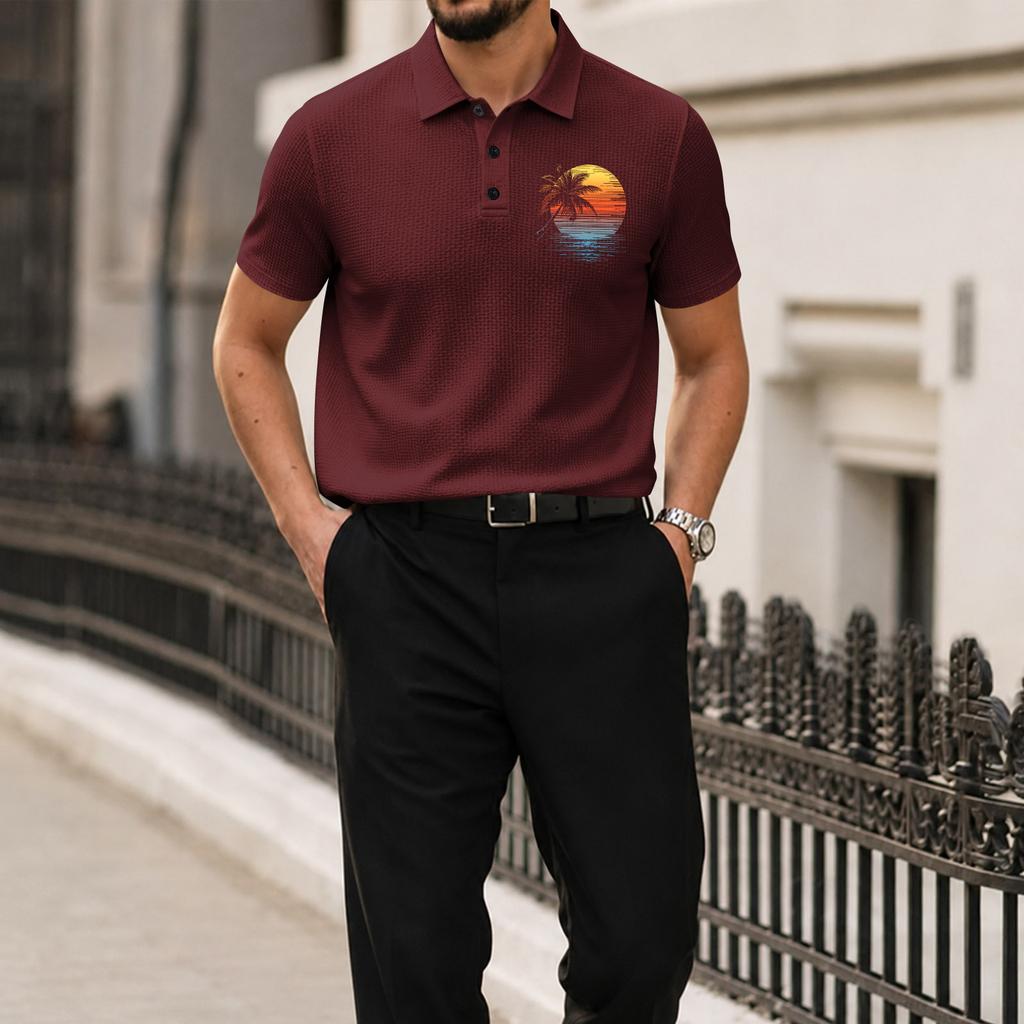 Men Short Sleeve Polo Shirt with Turn Down Collar Ice Silk Material Casual Printed Design for Summer Comfort Wear