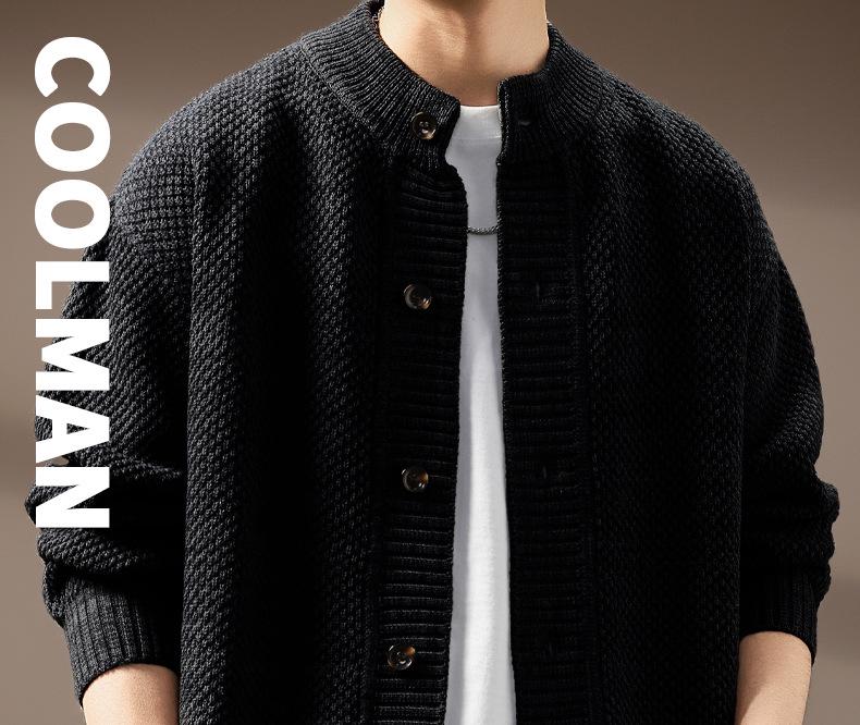 Men's High-End French Retro Cardigan Sweater: Winter Thick Knit Stand Collar Jacket
