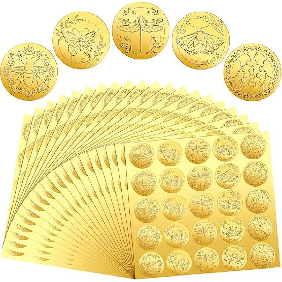 Chinco 500 Pieces Gold Embossed Envelope Seals Stickers Adhesive Seal Stickers Vintage Embossed Foil Certificate Kit Plant DIY Labels for Wedding
