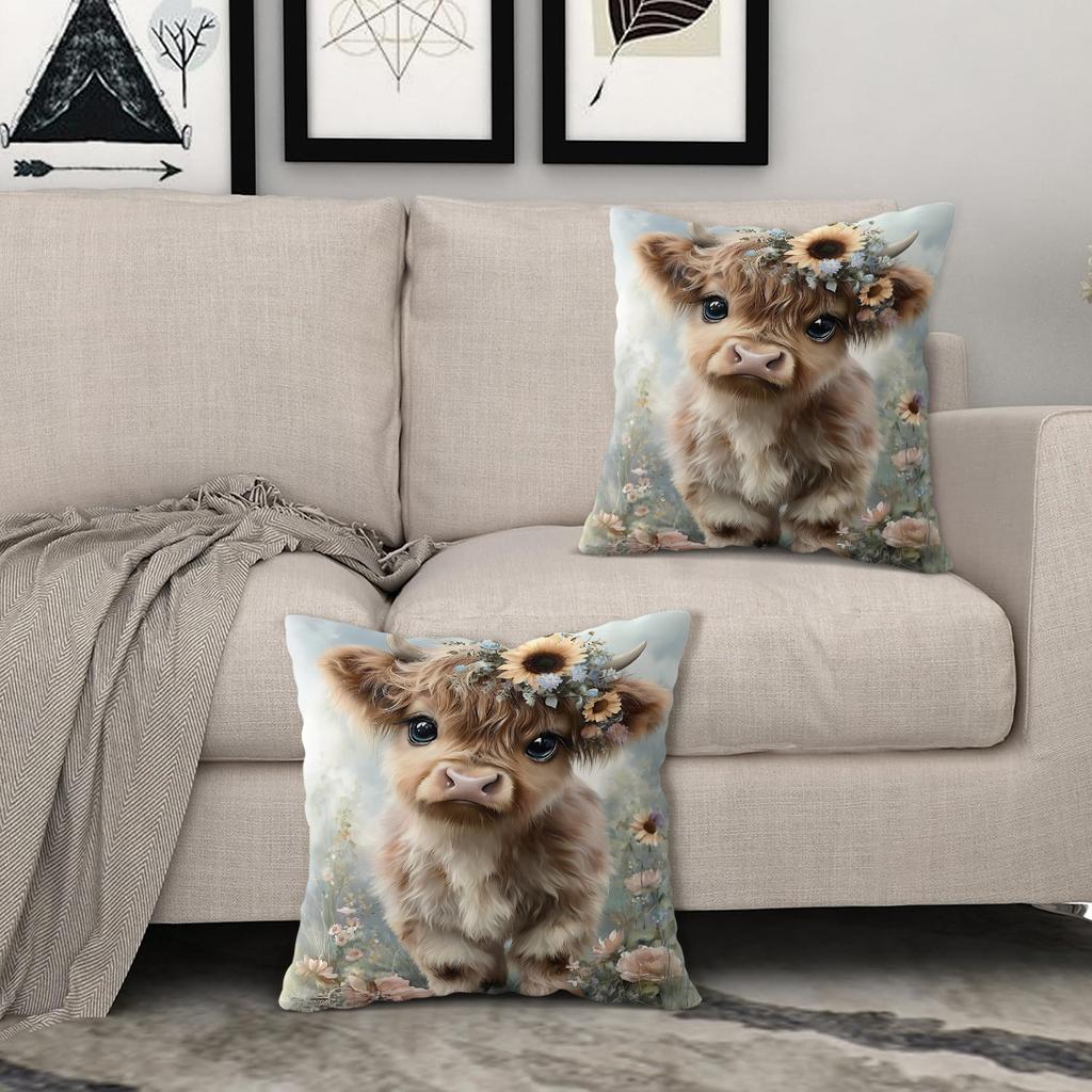Vibrant Sunflower Highland Cow Pattern Pillow Case Short Plush Print Cushion Cover Square Throw Pillow Covers Sofa Home Decor