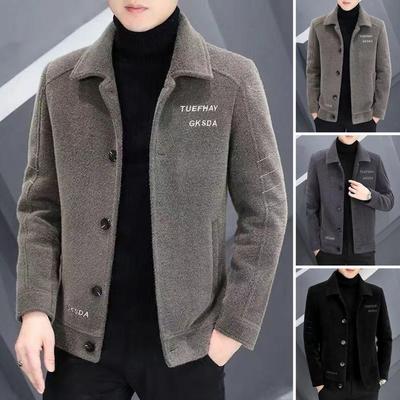 Men Autumn Winter Jacket Lapel Long Sleeve Coat Single-breasted Embroidery Letter Print Plush Coat Thickened Warm Outwear