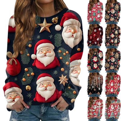 Women's Casual Fashion Christmas Print Long Sleeve Round Neck Pullover Top Blouse Sweatshirt