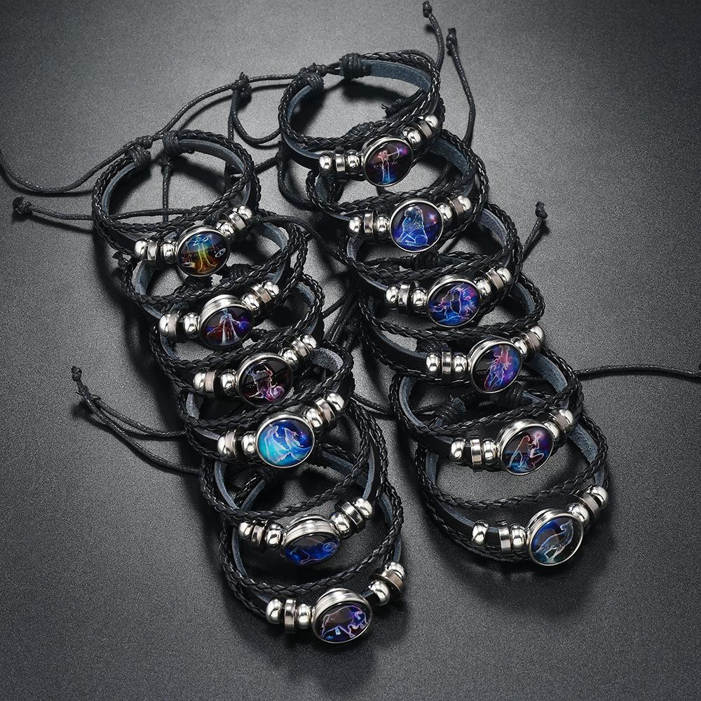 Bracciale Coppia Corda Mano 12 Costellazioni Multistrato Intrecciato Luminoso Gioiello, Unisex, San Valentino, Regalo di Compleanno