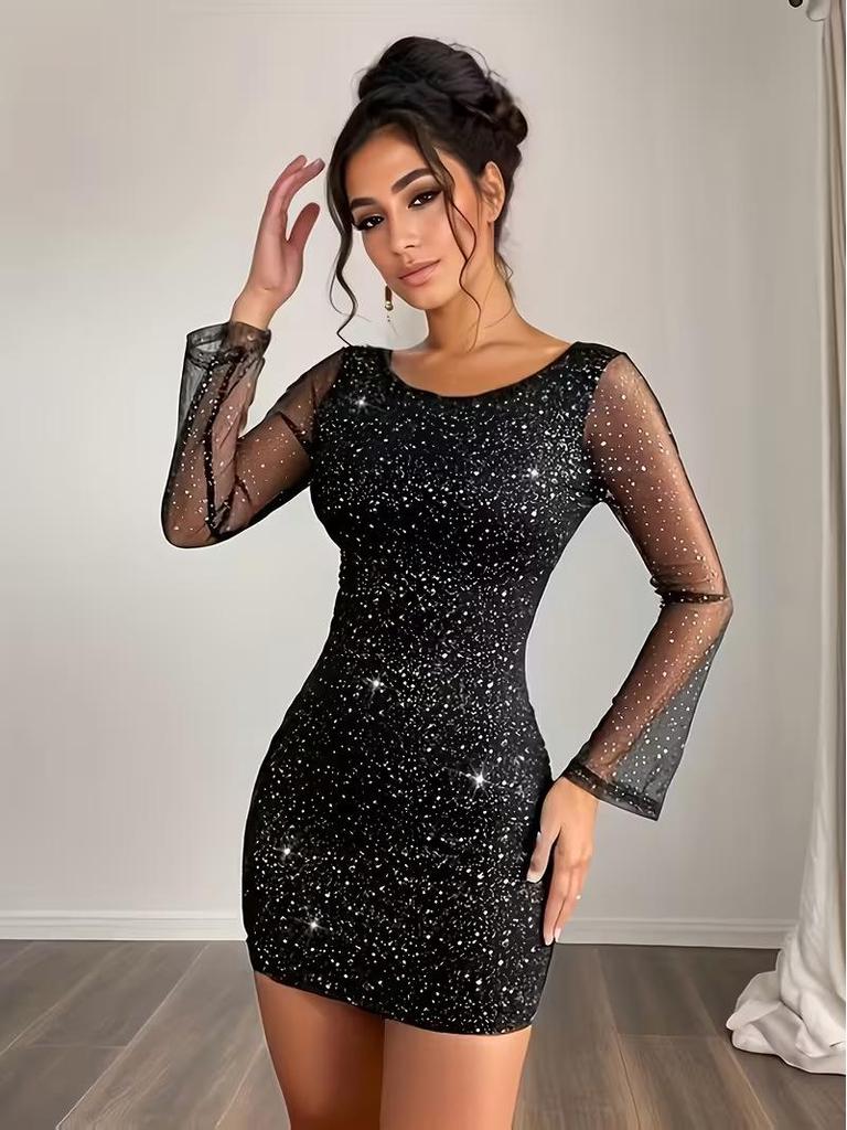 Women's Sexy Backless Sequin See-through Long Sleeve Slim Short Dress - Elegant Cross-border Design