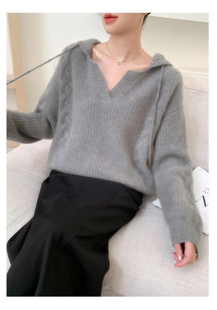 Women's Plus Size Hooded Wool Cable Knit Pullover - Slim Fit Casual Sweater for Autumn/Winter