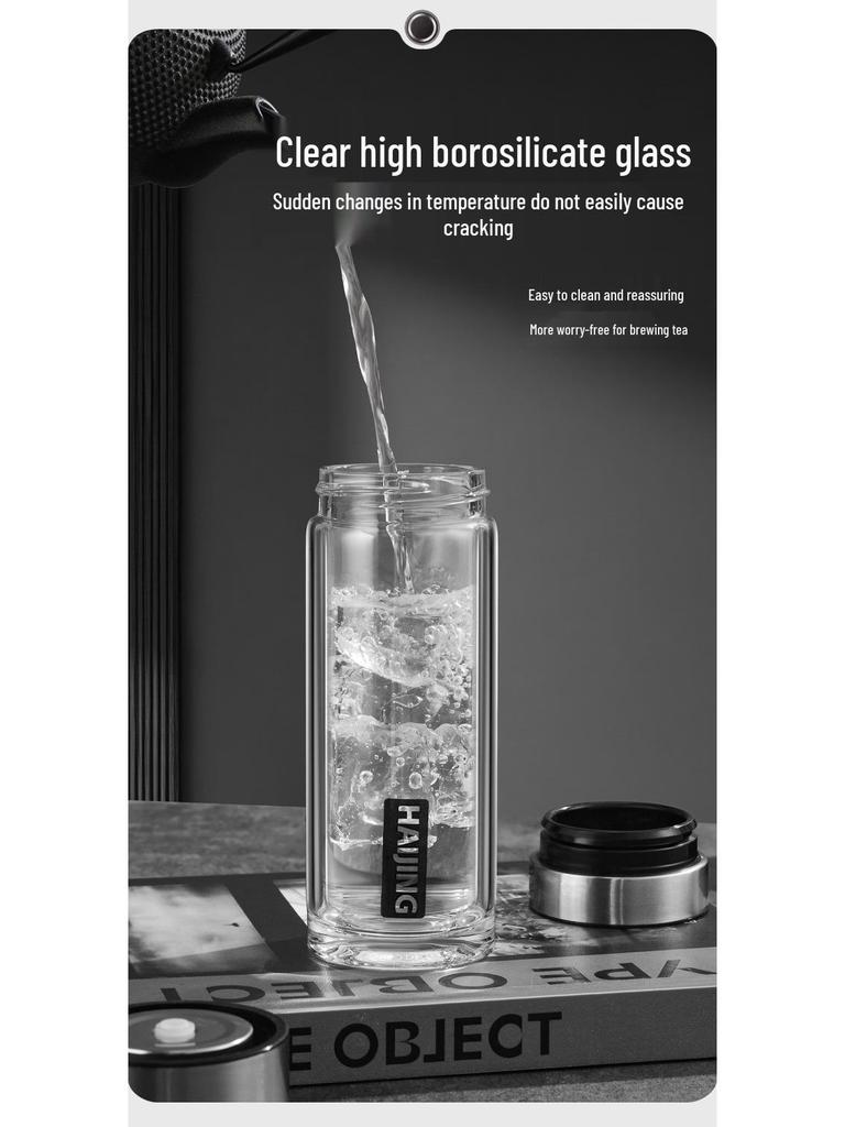 Portable Double-Layer Glass Tea Cup with One-Touch Lid – Unisex Business Gift