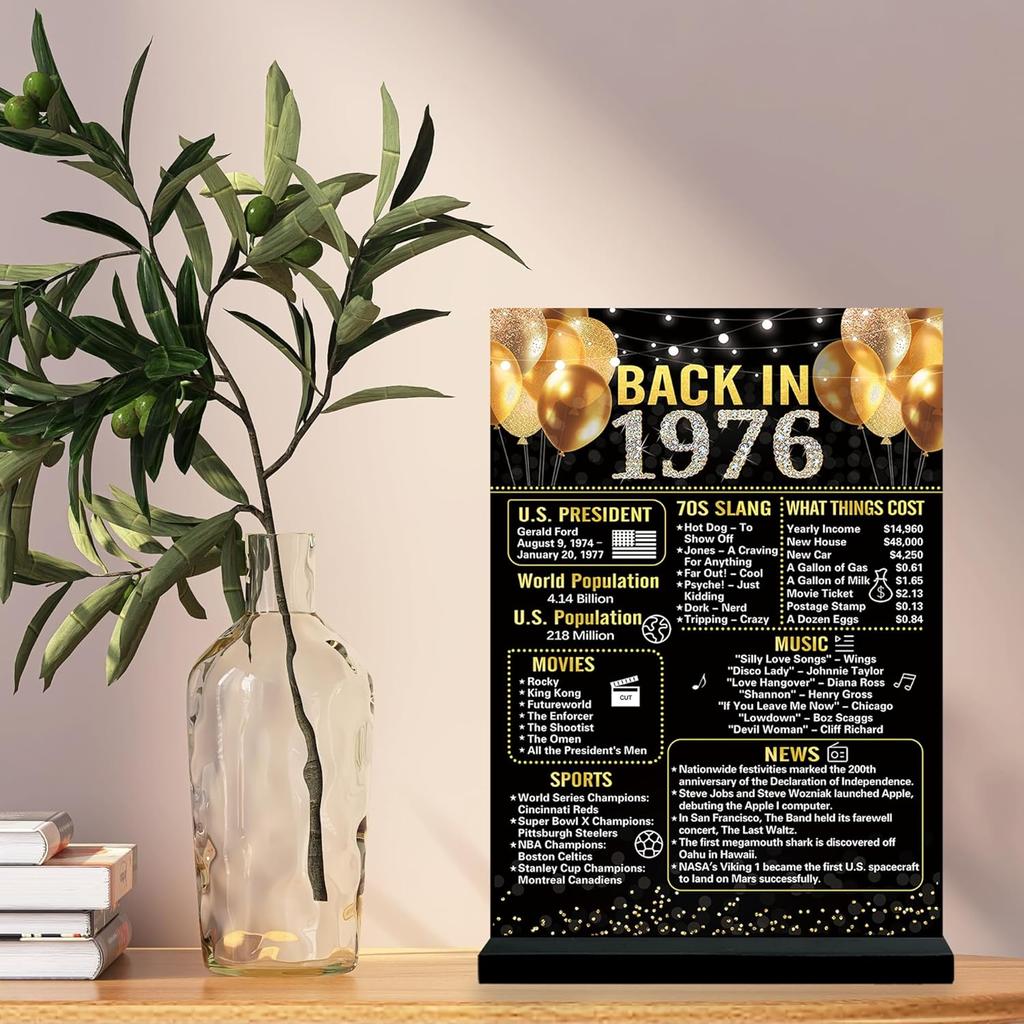 Trgowaul 50th Birthday Decorations Women Men, Black Gold Back In 1976 Birthday Poster Acrylic Table Sign with Stand, 50 Anniversary Decor Gifts for