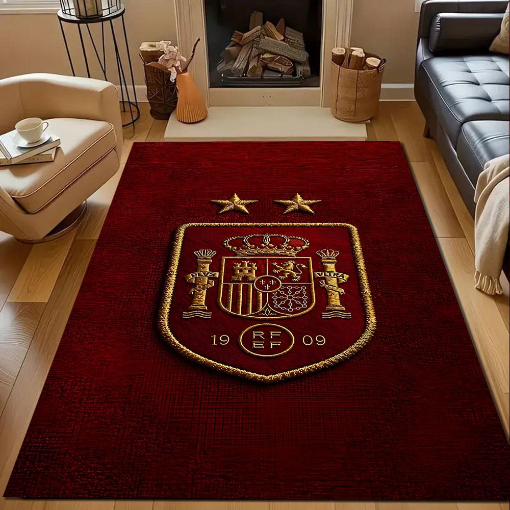 Golden Spanish Emblem on Red Background Patterned carpet, non slip mat suitable for living room and bedroom sofas