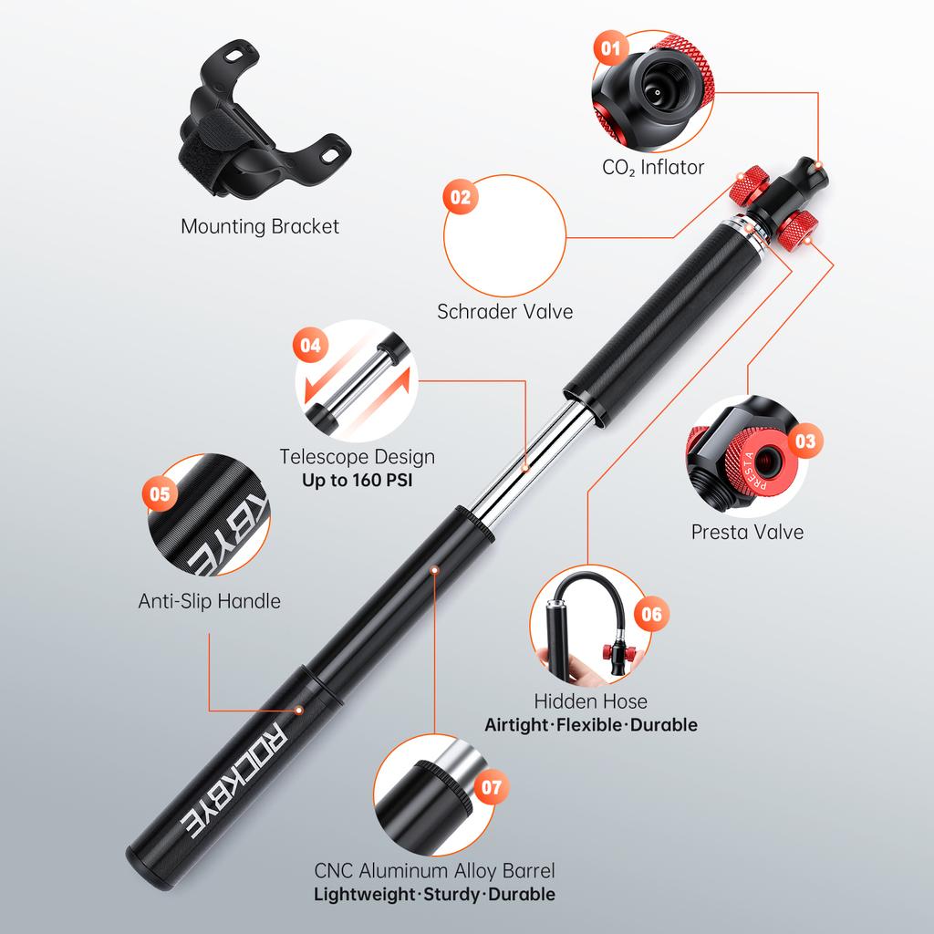 Dual Modes Bike Inflator Mini Bicycle Manual Hand Pump & Dual-Head Valve CO2 Cartridge Inflator 160PSI High Pressure Hidden Hose