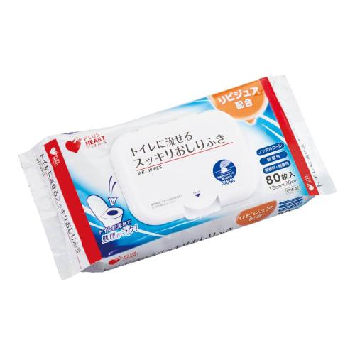 Plus Heart Adult Flushable Wet Wipes, 80 Sheets, Non-Alcoholic, with Lid, Made in Japan, Product Number 72002