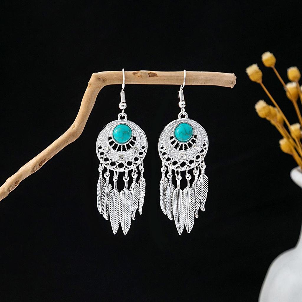 Retro Ethnic Blue Turquoise Owl & Tassel Earrings