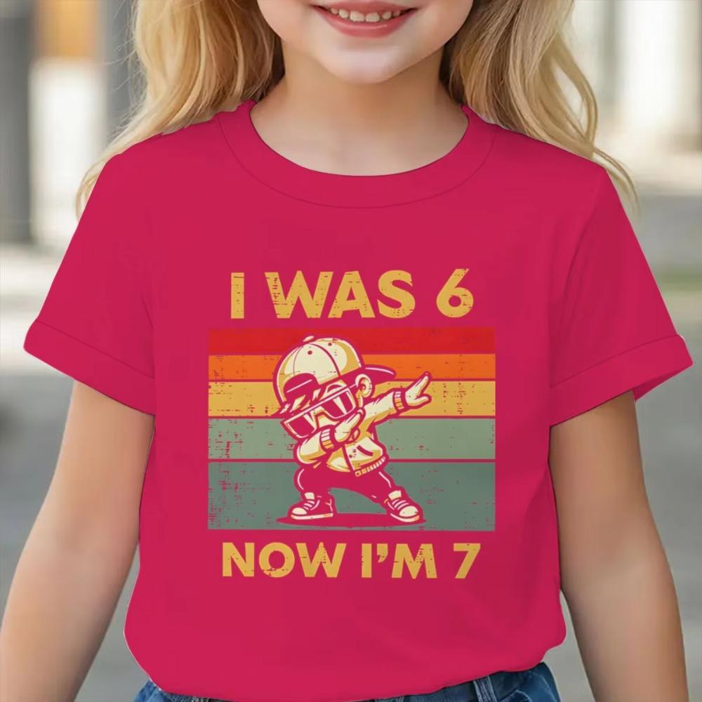 Kids Seven Year Old Cotton T-shirt Tops I Was 6 Now I'm 7 Birthday Funny 7th B-day Gift for Boy 67 Meme Birthday Cotton Tee