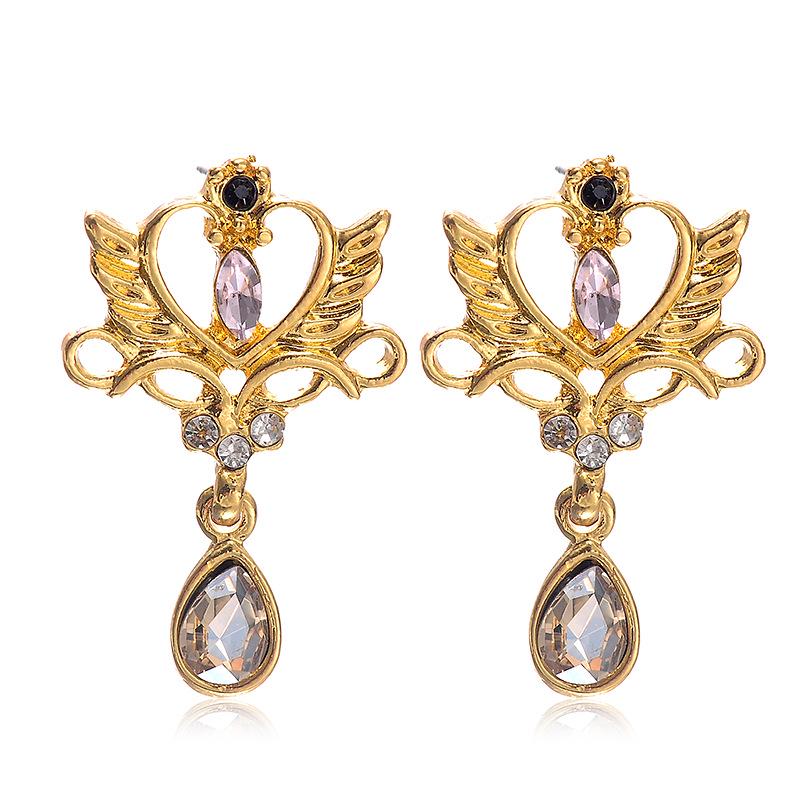 European and American Heart Wings Crystal Water Drop Stud Earrings