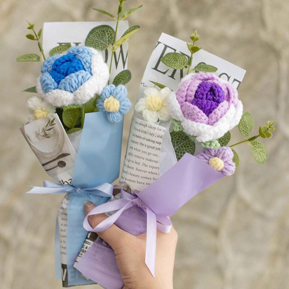 Photography Props Crochet Flowers Bouquet Knitted Eternal Simulated Flowers  Valentine'S Day