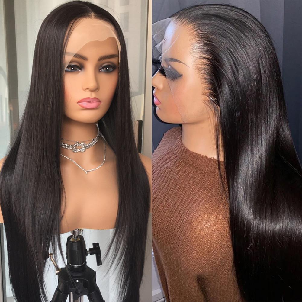 

Длинный натуральный прямой парик шнурка, черный цвет, синтетические парики спереди, термостойкое волокно, бесклеевые ежедневные парики