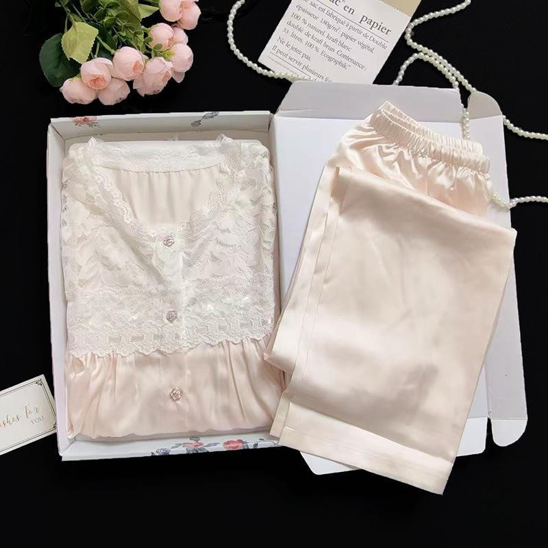 2026 Women s Ice Silk Pajamas: Spring/Summer, Long Sleeve, Plus Size, Solid Color, Luxurious Feel, Lace-Trimmed Homewear