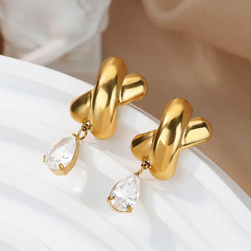Vintage Zircon Geometric Drop Earrings For Women Gold Color Stainless Steel Earring  Wedding Aesthetic Jewelry Gift