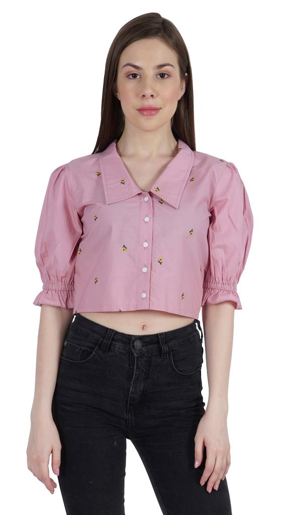 Moomaya Puff Sleeve Crop Top For Women Solid Button Down Collar Designer