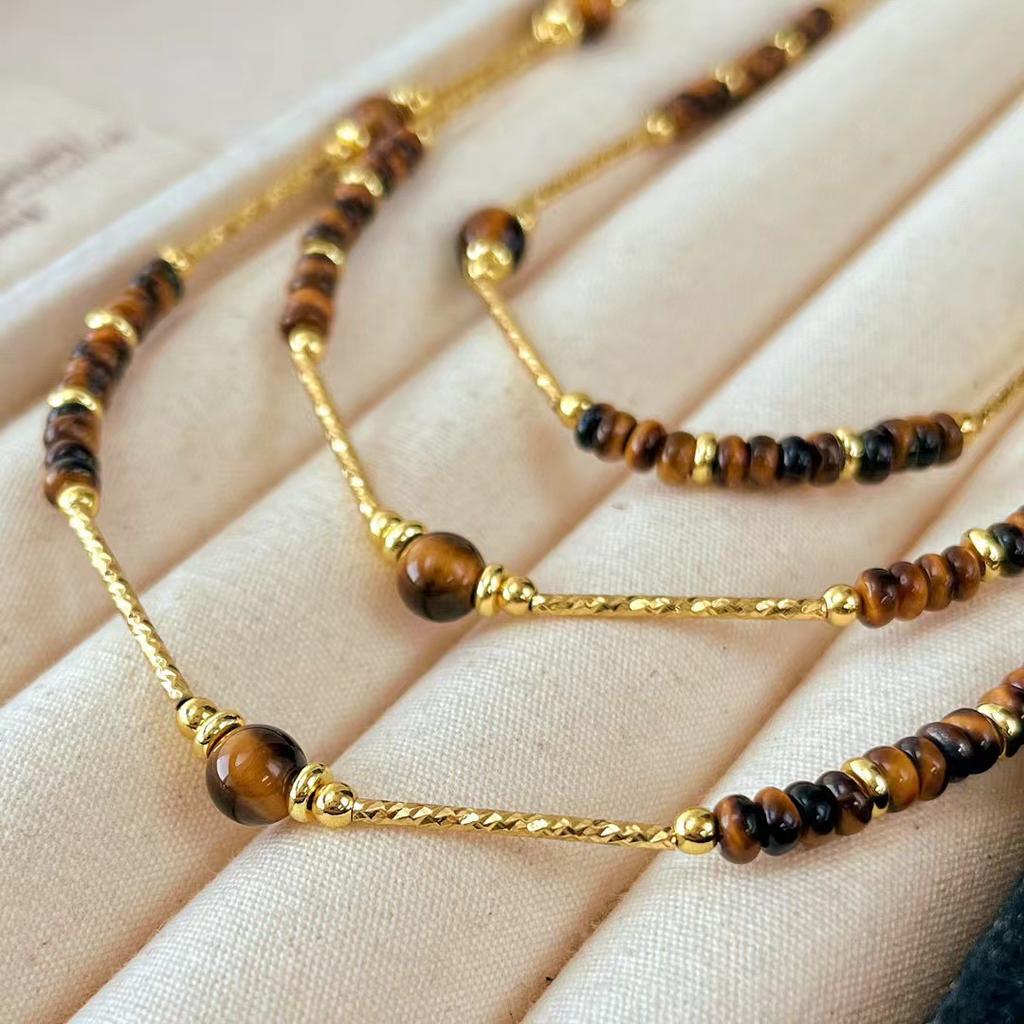 Vintage Boutique Natural Tiger'S Eye Stone Maillard Style Sweater Chain Necklace A Variety Of Ways To Wear Collarbone Chain