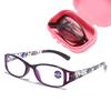 Modische faltbare Lesebrille mit Blaulichtfilter für Damen, Blumenmuster, Vollrand, tragbar, für Alterssichtigkeit, mit Etui