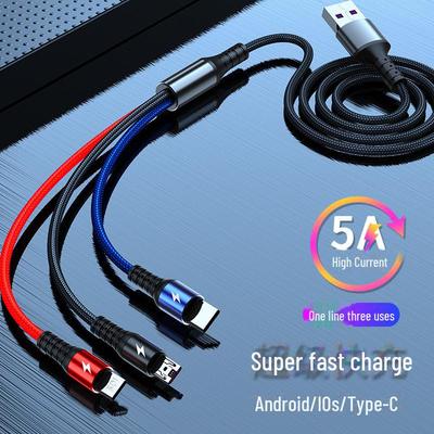 5A 40W Triple-Head Fast Charging Cable for Apple, Android, and Type-C Devices