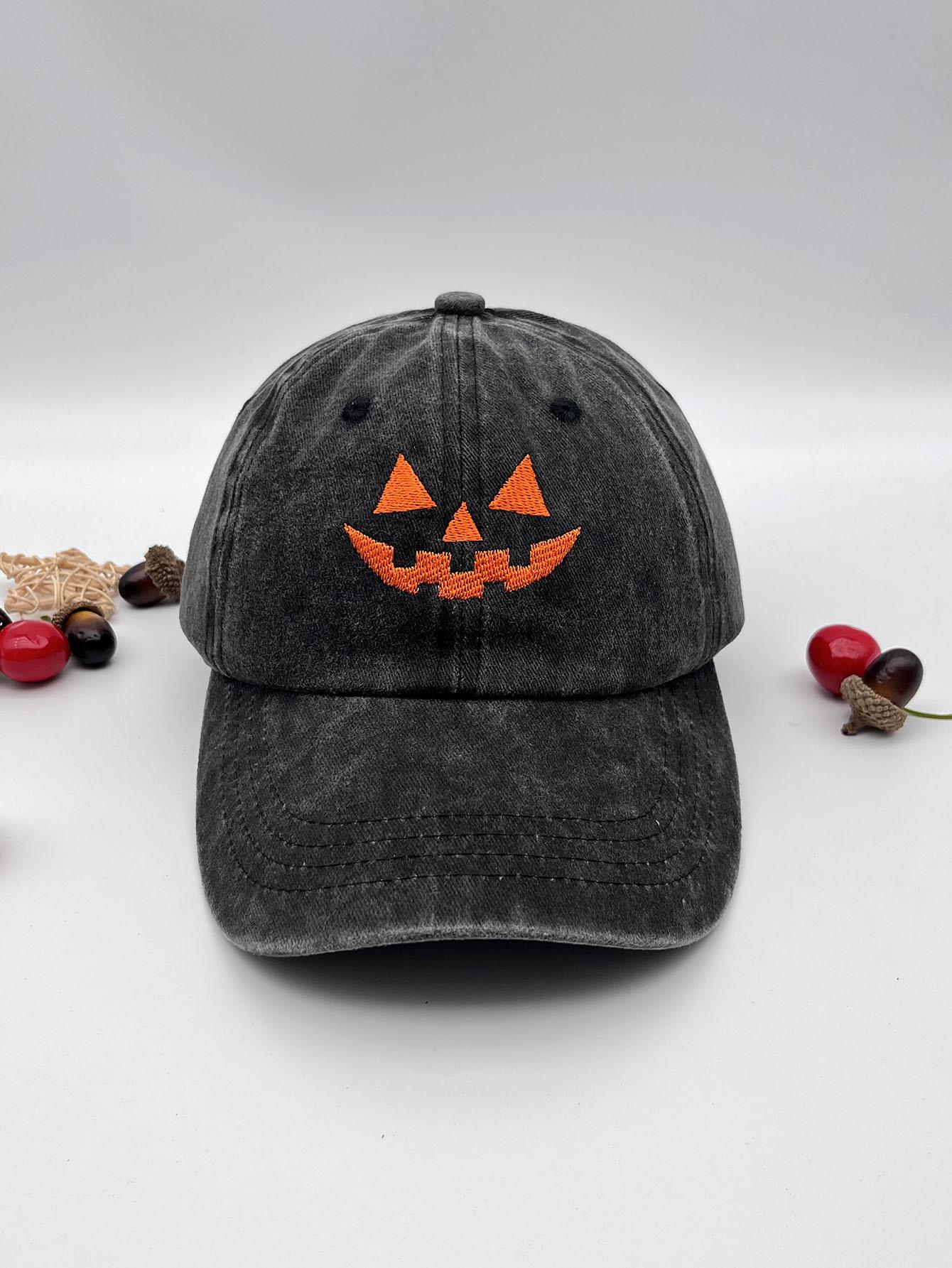 Washed cotton unisex casual baseball cap with embroidered Halloween pumpkin smiley face