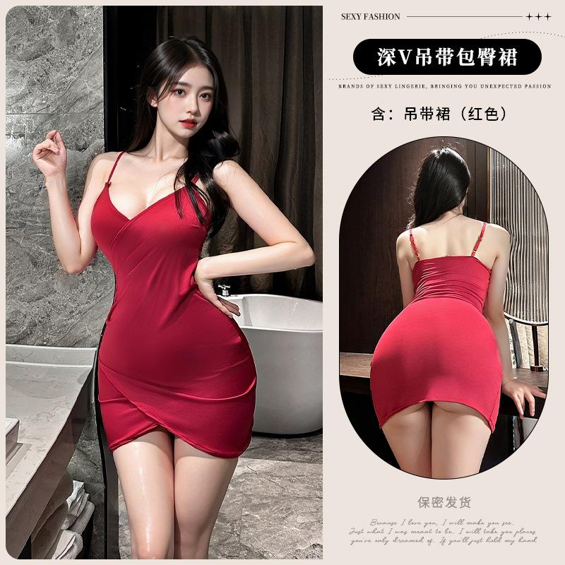Low chest deep V neck waist thin hip skirt sexy suspender dress women