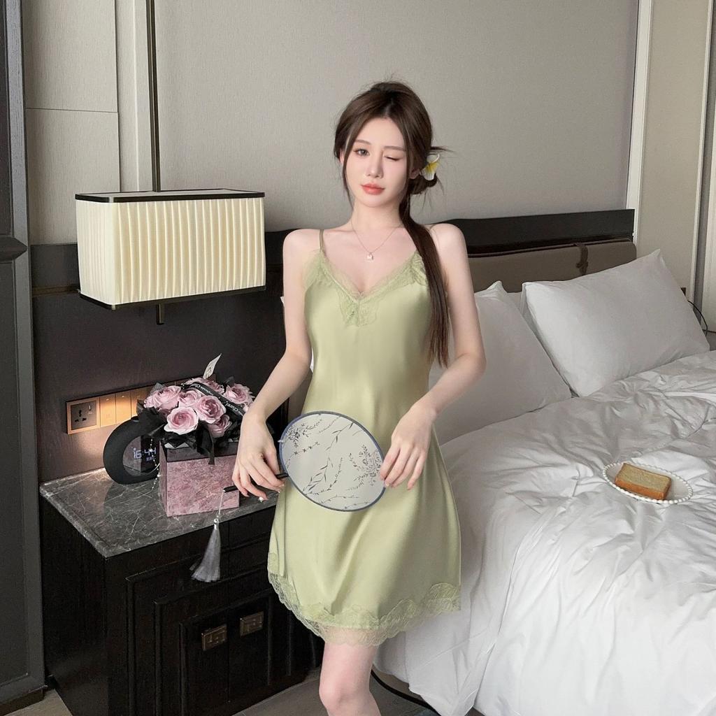 Sexy pajamas ice silk summer thin style with chest pad new pure desire French lace silk suspender nightdress