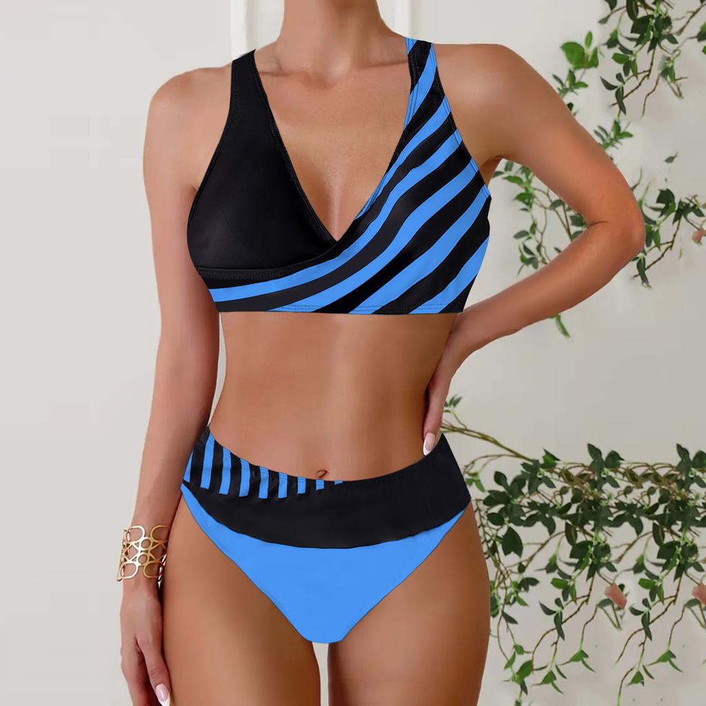 Women's Halter Half Edge Stripe Print Bikini Tankini Swimsuit