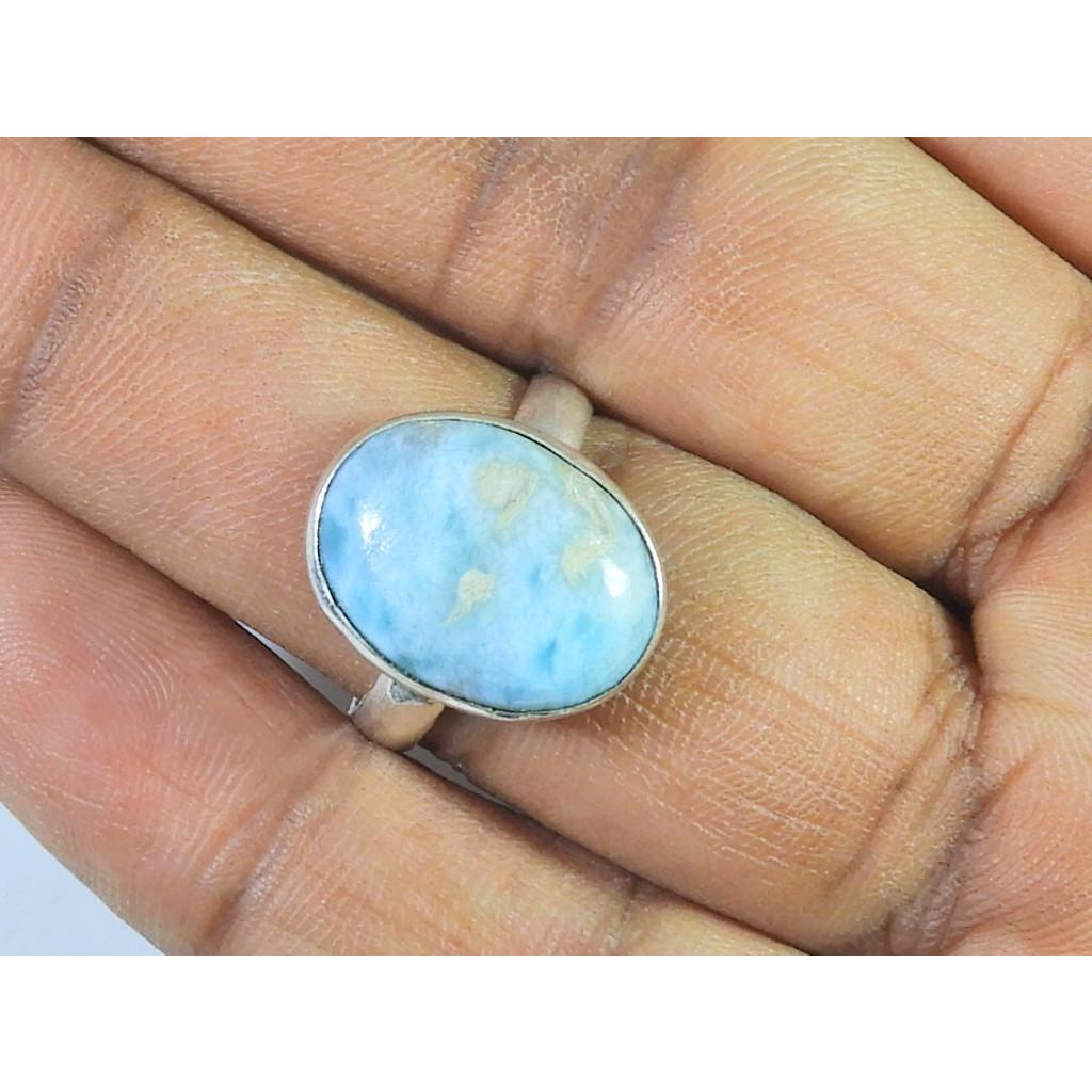 Natural Blue Larimar Solid 925 Sterling Silver Handmade Oval Ring Size US-08 MK-07