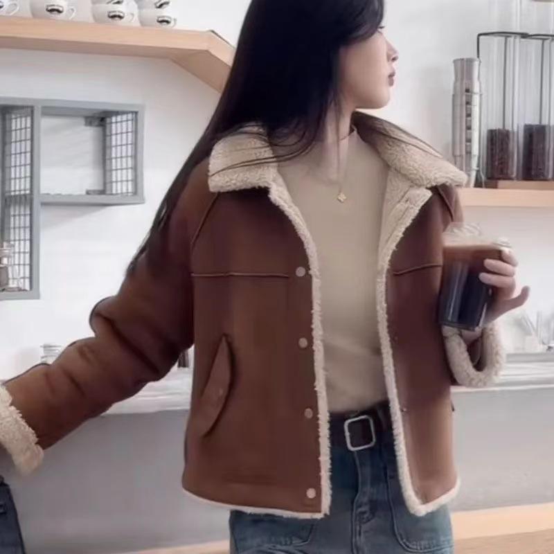 Women's Maillard Color Lambswool Cotton Padded Jacket - Short, Loose, Thick, warm, Fall/Winter Style