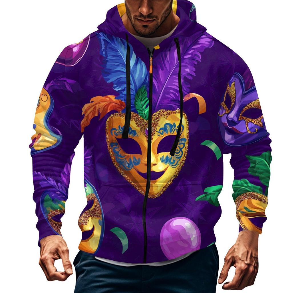 Men's Sports Casual Fleece Hoodie Carnival Print Hoodie Cardigan Zipper Multi-pocket Hoodie Coat