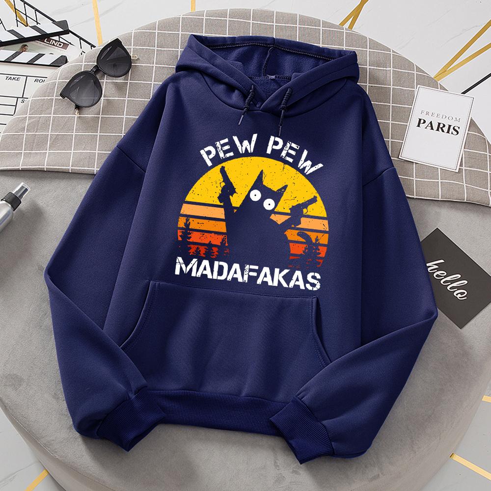 

Pew Pew Madafakas Cat With Two Guns Hoodies Women Casual Fashion All Match Hoody Fleece Warm New Pullovers Harajuku Trend Hooded 3XL
