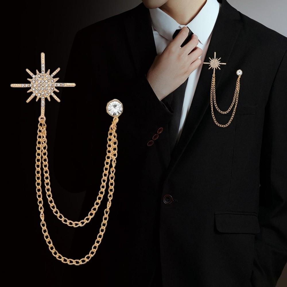 Metal Star Rhinestone Brooches Tassel Chain Crystal Lapel Pins Suit Coat Pin Jewelry Accessories