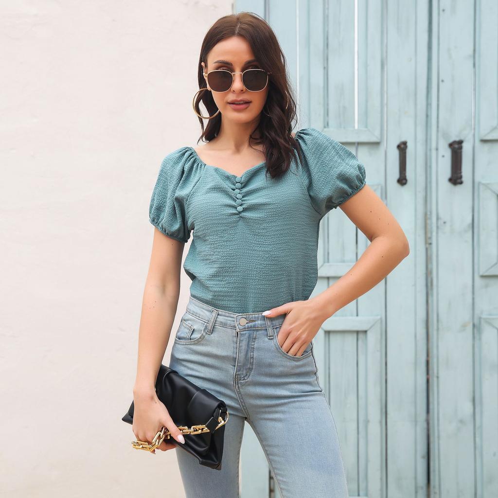 GMXIA Women's Fashion Casual Solid Color Print Short Sleeve V Neck Blouses & Shirts