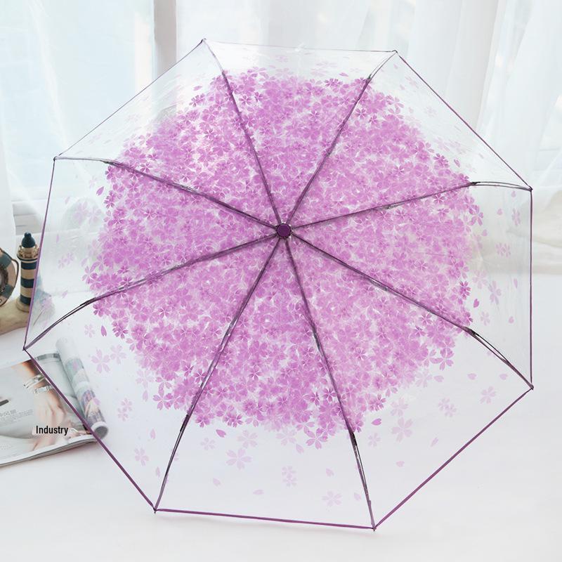 Japanese Forest Style Transparent Cherry Blossom Umbrella with Arched Long Handle for Students