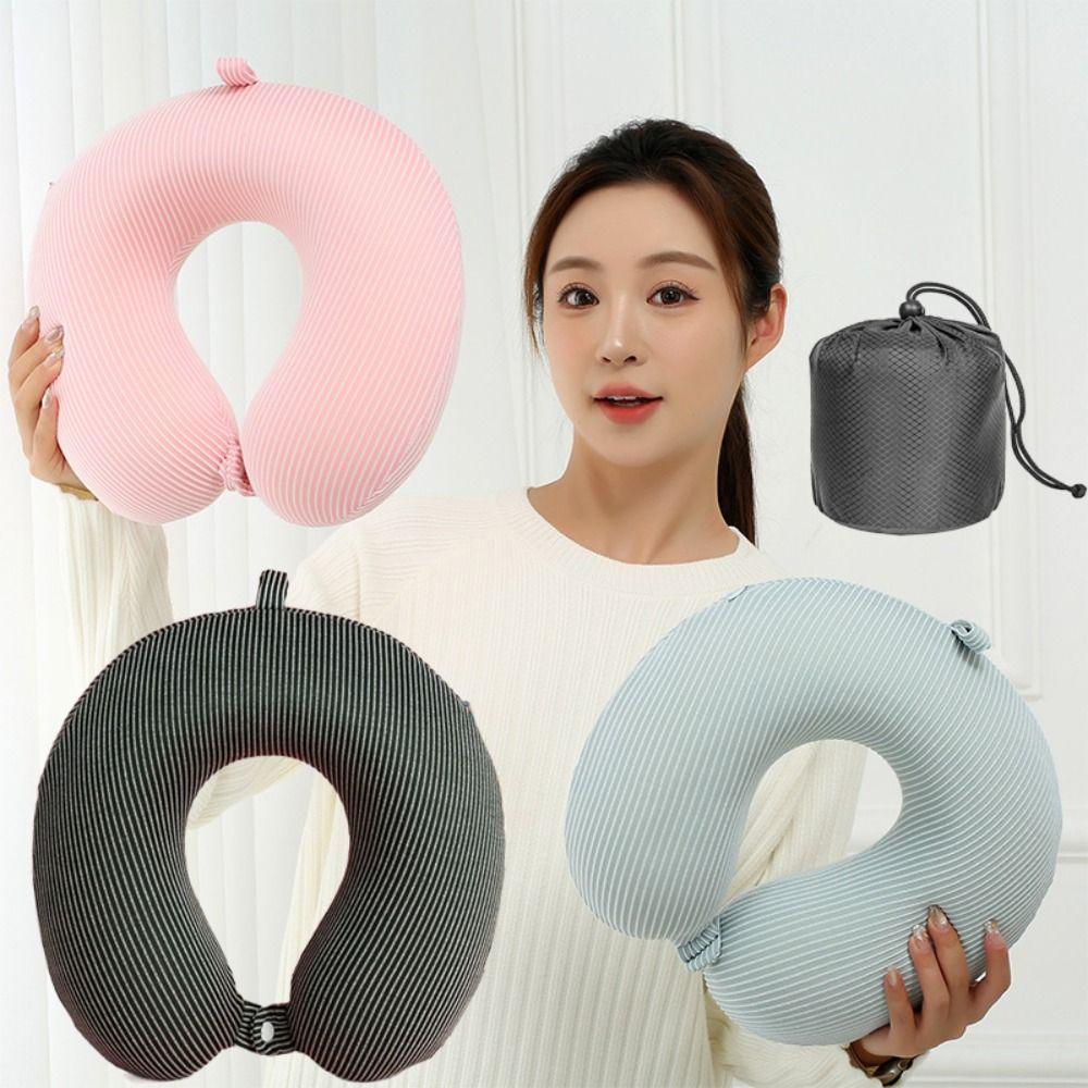 Slow Rebound U-shaped Pillow Portable Comfortable Airplane Nap Pad Stripes Design Solid Color Travel Neck Cushion Car Travel