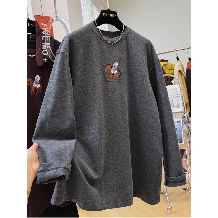 

Plus Size Korean Cartoon Embroidery Long Sleeve T-Shirt for Women - Autumn/Winter Casual Loose Fit 3XL сірий колір