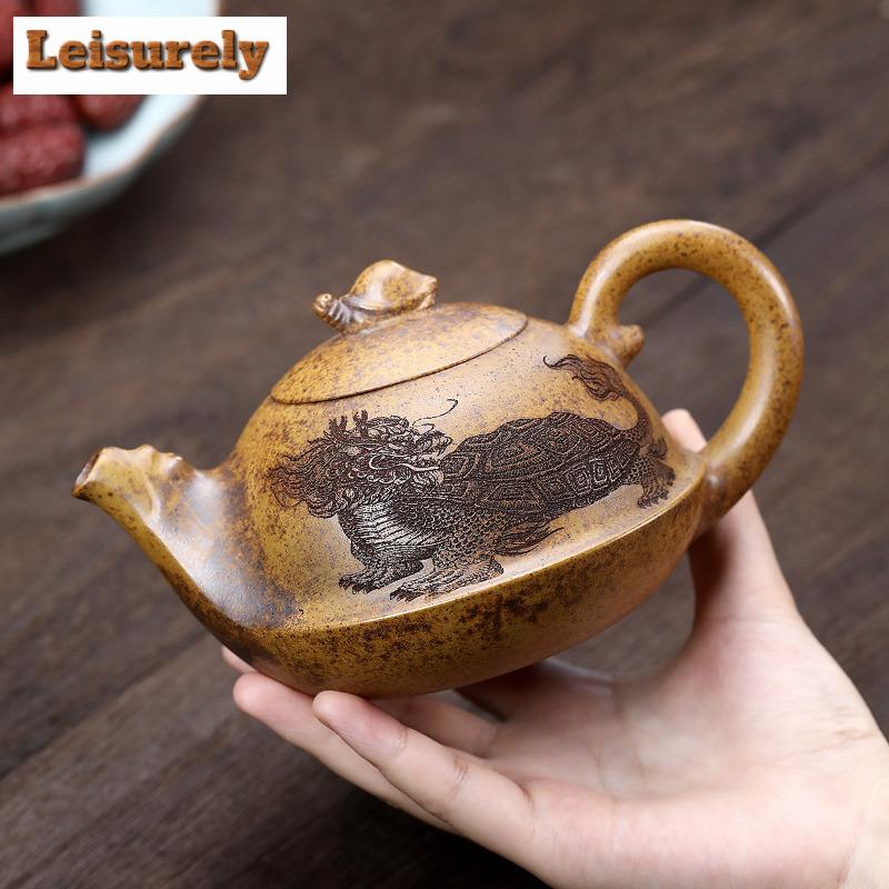 430ml Yixing Purple Clay Teapot Handmade Dragon Turtle Pot Raw Ore Hyperthermy Section Mud Tea Soaking Kettle Zisha Tea Set Gift