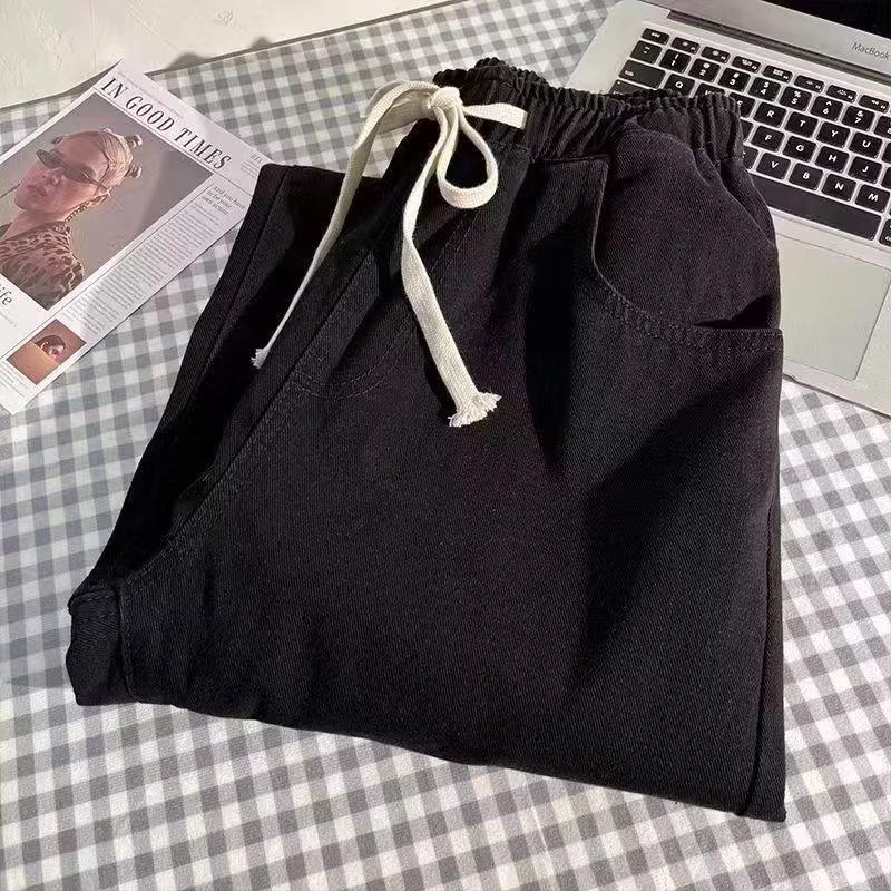 Women's Black Elastic Waist Wide-Leg Jeans – Loose-Fit, Slimming, Thick Fabric for Spring & Autumn