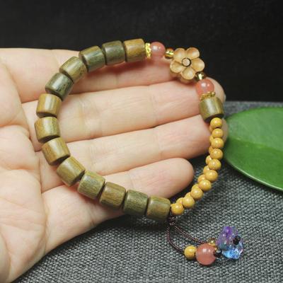 Fragrant Green Sandalwood Barrel Beads Bracelet Golden Wood Chinese Style Women Wooden Jewelry