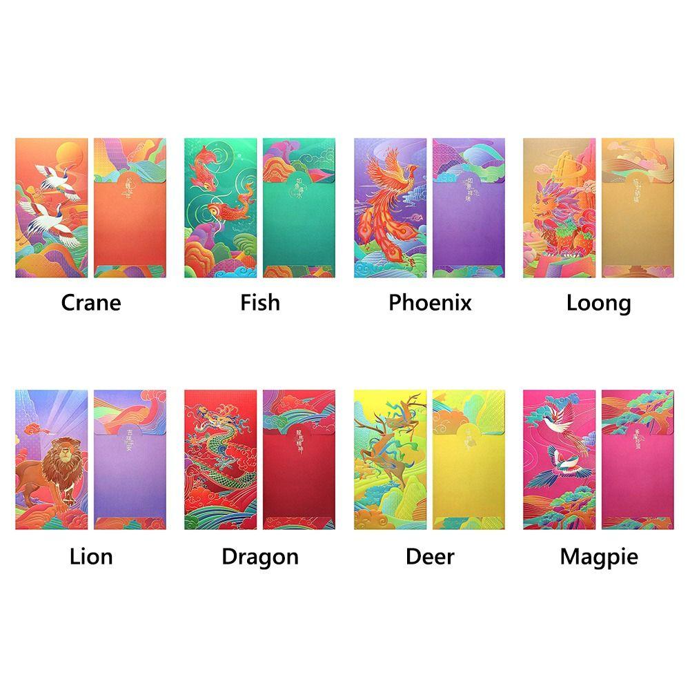 8PCS New Multicolor Red Envelope Bag Blessing Cartoon Pattern Red Packet Retro Style Crane Magpie Lucky Pocket Chinese New Year