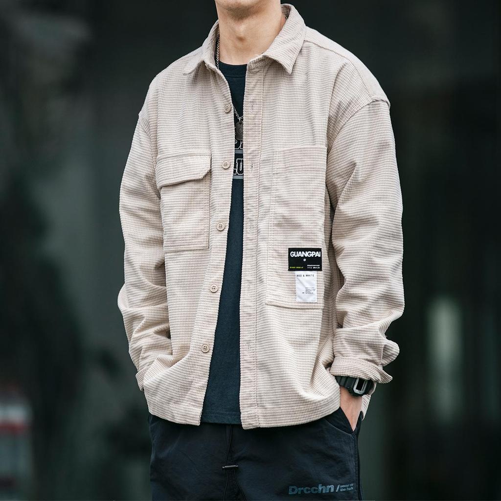 Men's Waffle-weave Japanese Retro Shirt, Youth Spring and Autumn Oversized Long-sleeved Loose-fitting Casual Workwear Jacket