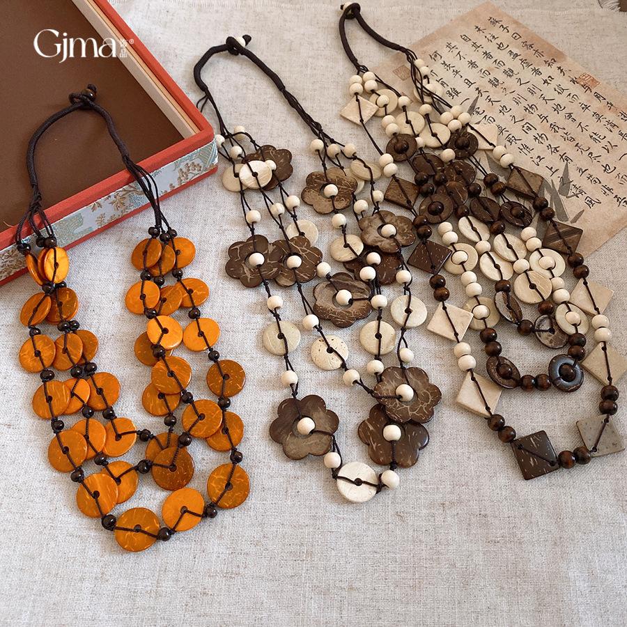 Bohemian Multi-layer Wood Bead Coconut Shell Flower Necklace Accessories Women's Exaggerated Sweater Chain Light Luxury Premium Sense Accessories