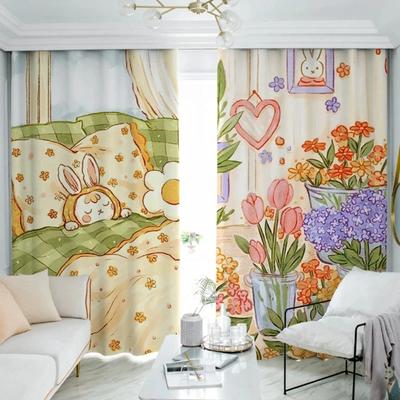 Cartoon Rabbit Cute Curtain High Shading Flowers Curtain Girls Dormitory Children's Room Bedroom Insulation Thick Blackout Drape