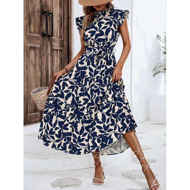 

Bohemia Summer New Arrival Stringy Selvedge round Neck Leaves Print Fashion Flying Sleeves Ruffles Dress Long Dress Navy blue M