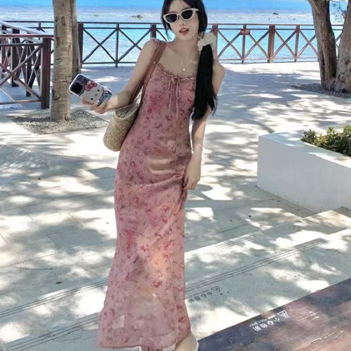 French Coffee Break Floral Suspender Dress Women 2026 Summer Sweet Seaside Vacation Wind Beach Skirt Long Skirt