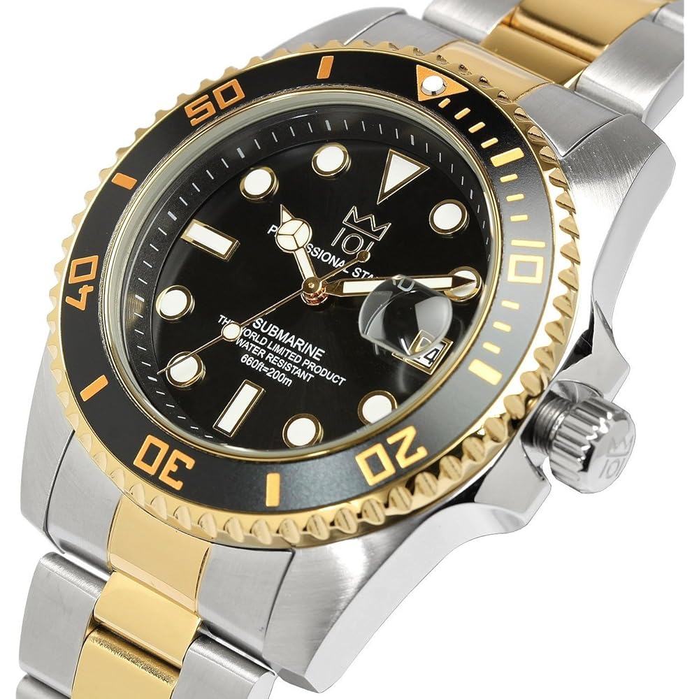 Hyakuichi 101 Quartz Diver's Watch Date Display 20 ATM Water Resistant Black Gold Wristwatch