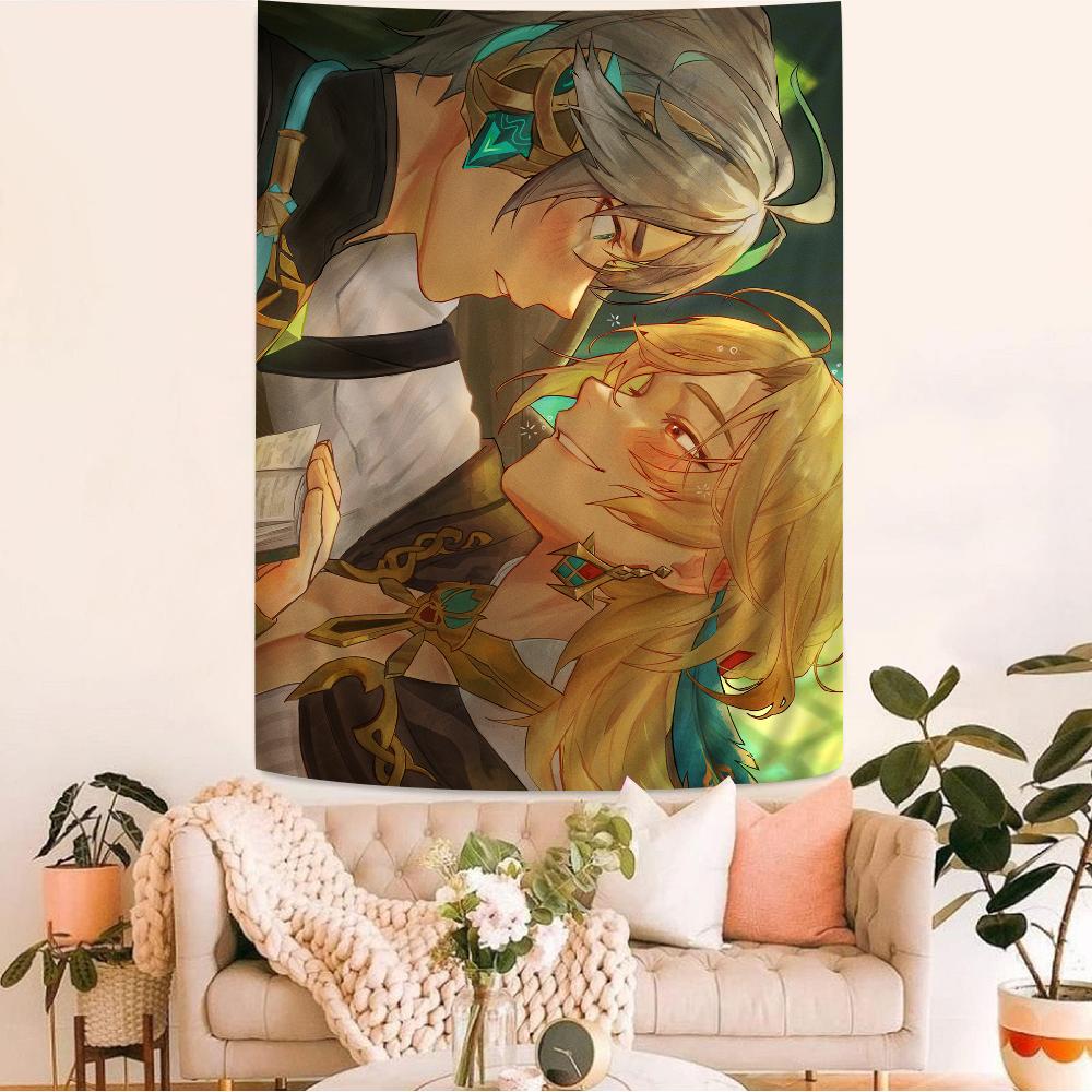 Genshin Impact Kaveh Alhaitham Anime Tapestry Hippie Flower Wall Carpets Dorm Decor Cheap Hippie Wall Hanging
